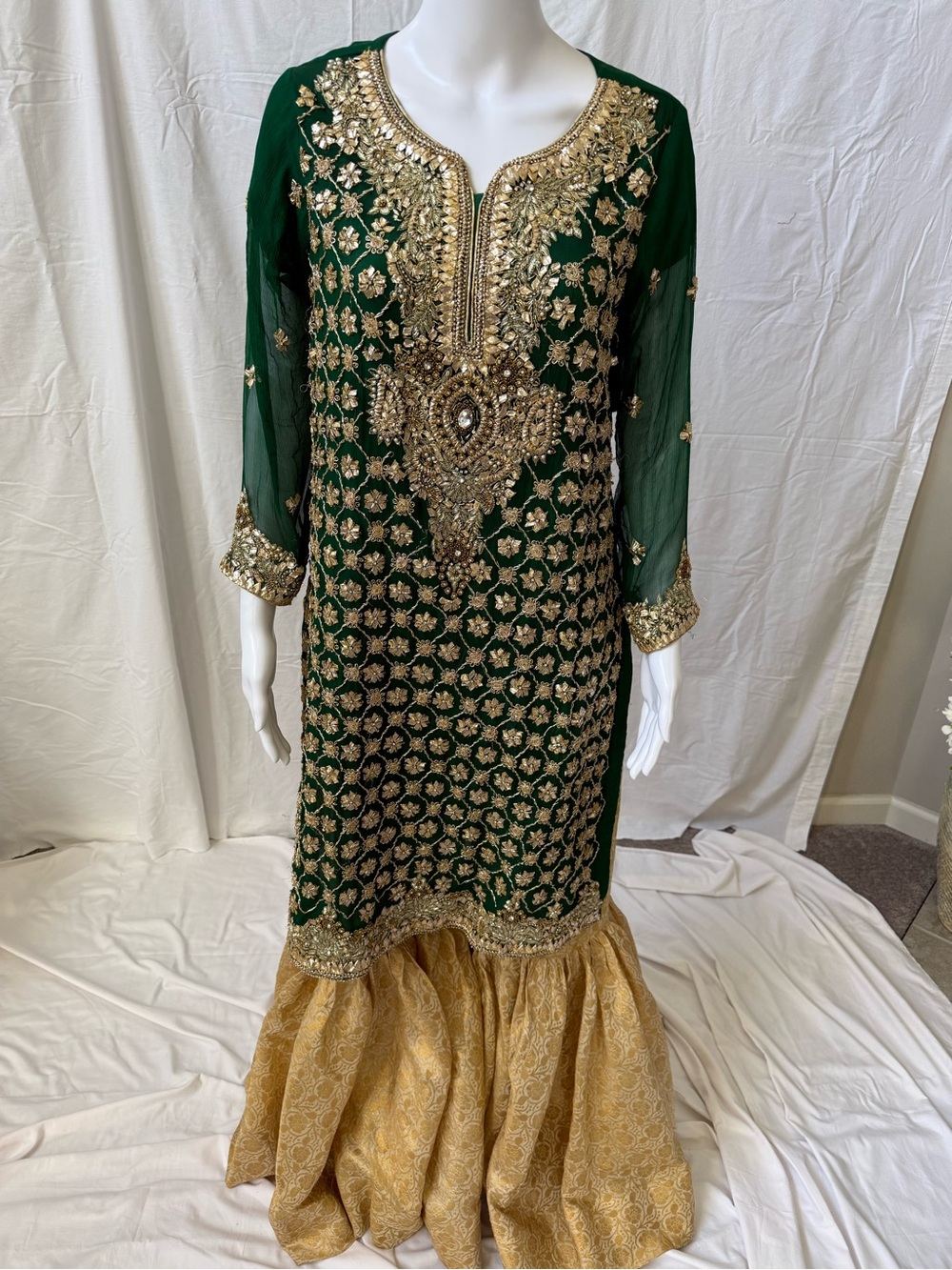 Pakistani Green & Gold mehendi sangeet indian bridal wedding dress